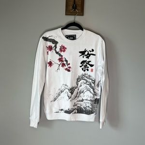 Blind Rooster unisex kanji/cherry blossoms/crane pullover sweatshirt size S